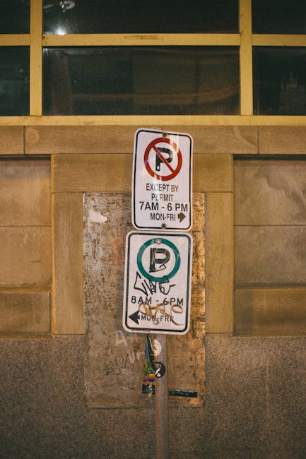 No flowers are visible in this image; it depicts a pair of parking restriction signs mounted on a stone wall beneath a window with a yellow grid frame. The upper sign indicates no parking except by pe