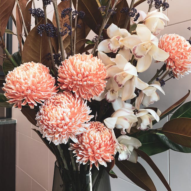 A floral bouquet featuring large, round, peach-colored chrysanthemums with densely packed petals, complemented by white orchids with pink-rimmed lips and delicate, curved petals. The arrangement inclu
