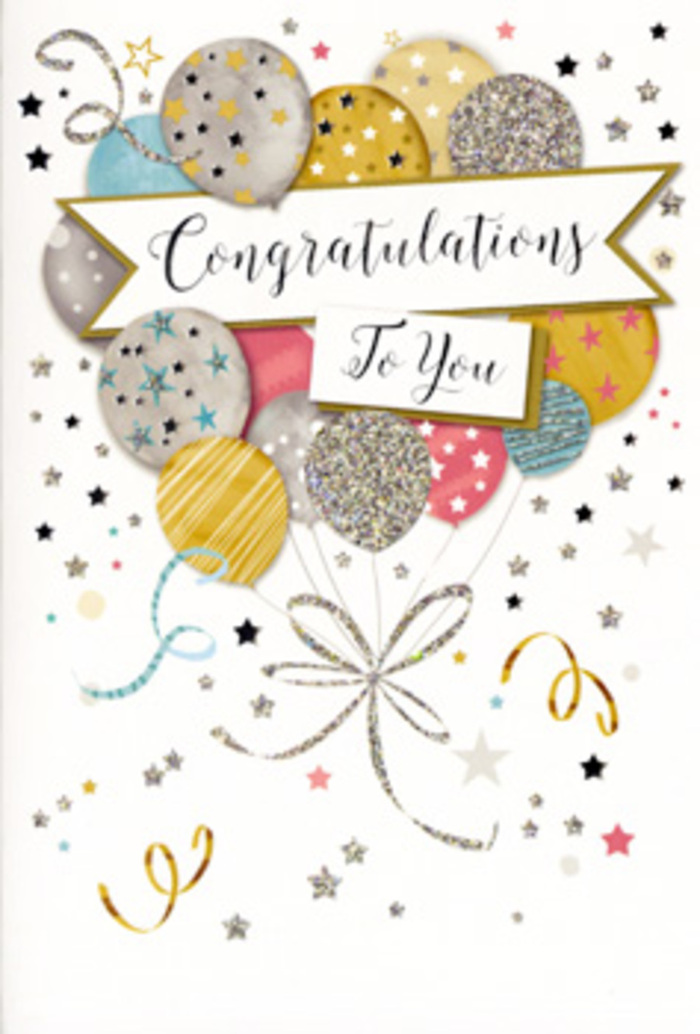 This image features a beautifully designed congratulations card, photographed as if resting on a counter in a Holland Park flower studio just after being paired with a celebratory bouquet. The front of the card is dominated by a playful yet sophisticated arrangement of balloons, each one a different size and shade, layered to create a soft sense of depth. The colours drift through a refined palette of brushed gold, antique silver, champagne, pastel blue, blush pink, and light grey, all touched with delicate metallic accents. Some balloons are patterned with rows of fine stars, others with gently curving stripes or scattered glitter dots, evoking the sparkle of evening lights along nearby Kensington High Street. Slender gold and silver strings fall from the base of each balloon, curling together in an artful flourish that mimics the elegant tails of ribbon a florist might use to finish a bouquet. Surrounding the central cluster, tiny stars, swirling lines, and confetti-like specks float across a pale background, suggesting the spontaneous joy of confetti tossed into the air. A refined banner drapes gracefully across the middle, inscribed with the word Congratulations in sweeping calligraphy that feels formal yet warm, the kind of script you might see on a carefully written card delivered with flowers for a new job or promotion. The card's surface appears subtly textured, with hints of raised glitter and glossy ink that would add a tactile pleasure when held. Altogether, the design conveys a mood of celebratory elegance and heartfelt pride, ideal for acknowledging a graduation, professional milestone, or special success celebrated in and around Holland Park.