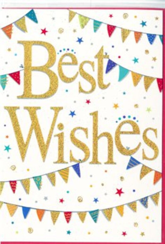In this image, a refined yet joyful greeting card radiates the feeling of a small party unfolding across a blank white canvas. Dominating the centre, the phrase Best Wishes is written in sweeping, metallic gold script, slightly raised so it appears almost three-dimensional, like a delicate piece of hand-lettered signage in a boutique off Holland Park's leafy streets. The gold glimmers as though dusted with fine glitter, suggesting an air of celebration without overwhelming the eye. Encircling the words, curved strands of bunting reach from edge to edge on the top and bottom halves of the card, creating a soft frame. Each diminutive flag is coloured in bright, cheerful tones-emerald, sapphire, crimson, tangerine, and sunshine yellow-decorated with tiny dots, stripes, or simple abstract patterns. The bunting forms gentle arcs that guide your gaze back to the central message, much like garlands hung above tables at a garden party near Addison Road. All around these arcs, clusters of petite stars and confetti dots in coordinating colours add specks of liveliness, as if tiny bursts of happiness are scattered across the surface. Despite the playful imagery, the composition is balanced and tidy, giving the card a sense of thoughtful design and care. It feels especially suited to moments of congratulations or encouragement-a new home near Holland Park station, an engagement celebrated over dinner on nearby streets, or the start of a new chapter. Crafted with the same attention to detail a local florist brings to arranging a bouquet, the card's gold script and colourful bunting quietly embody affection, support, and shared delight.