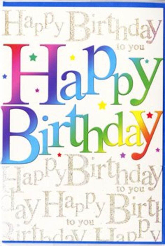 This joyful birthday card feels like walking past a colourful shopfront near Holland Park Avenue on a sunny morning, every detail designed to make you smile. At the heart of the design, the words Happy Birthday are printed in generously sized, rounded letters that seem to almost lift off the card. Each letter wears its own joyful spectrum, moving from deep red and hot pink through orange and golden yellow into soft lime, teal, and royal blue, then finally brushing into rich violet, as though a rainbow has been gently brushed across the greeting. The colours blend with a soft, airbrushed effect, creating the impression of birthday balloons glowing under party lights. Dotted around the words are tiny, jewel-toned stars and confetti flickers, playful accents in blues, greens, pinks, and sunny yellow that suggest movement and laughter, like children running across the lawns of Holland Park with handfuls of sparkles. Behind this vibrant foreground sits a layer of elegant gold script, repeating the phrase Happy Birthday to you in delicate, looping handwriting that weaves gracefully across the background. The metallic ink catches light in a refined shimmer, reminiscent of sunlight glancing off garden railings along nearby streets. The surface of the card appears silky and slightly glossy, lending a sense of quality when held in the hand. As a whole, the design is exuberant but not overwhelming, blending bold colour with a touch of sophistication. It is the kind of card a local Holland Park florist might tuck into a fresh bouquet, sending not just a message but the feeling of a full, happy celebration in the heart of West London.