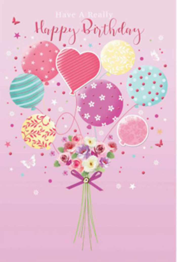 In this enchanting birthday card design, a sense of gentle jubilation rises like the soft hum of conversation along Holland Park's café terraces, expressed through a cloud of pastel balloons and a blooming bouquet. The backdrop is a delicate pink, warm and inviting, setting the stage for balloons in shades of seafoam green, rosy fuchsia, peachy yellow, and lavender that float upward as though buoyed by laughter. Each balloon carries its own personality: some are wrapped in swirling ribbons that twist like the paths through Holland Park's Kyoto Garden, others sprinkled with dancing polka dots or subtle floral motifs. From the base, a hand-tied bouquet gathers the eye, filled with petite roses and daisy-like flowers in creamy white and soft blush, their velvety petals carefully shaded from pale cream to rosy pink, as if kissed by first light. The bouquet is neatly bound with a shimmering purple ribbon, its satin texture catching the imagined glow that bathes the entire composition. Around the blooms, tiny butterflies and starry accents hover, suggesting a birthday daydream captured in mid-air. You can almost imagine the faint sweetness of fresh-cut flowers, like a delivery just arrived from a nearby Holland Park florist, ready to brighten a townhouse windowsill off Ladbroke Grove. Every detail, from the soft gradients of colour to the playful balloon patterns, feels purposefully chosen by an expert eye. The overall mood is one of tender celebration and affection, perfect for sending a birthday message that feels both light-hearted and deeply thoughtful, as if saying, You are treasured today and always.