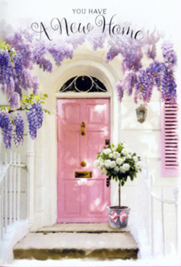 At the centre of this scene is a beautifully painted pink front door, its soft, rosy shade glowing against a whitewashed wall the way early evening light often settles on the period houses around Holland Park. The door is framed by lush, cascading wisteria, its lavender blossoms falling in dense, fragrant clusters that create a velvety curtain above and around the entrance. Each flower strand hangs in relaxed arcs, catching glimmers of sunlight and casting tiny shadows onto the plastered wall and the softly painted shutter to one side. Below this floral canopy, on the doorstep itself, sits a stylish metal bucket in a muted grey tone, filled with an abundant bouquet of white and creamy roses. The roses are fully open and luxuriously soft, their petals layered like folded satin, interspersed with small sprigs of fresh, dusty green foliage that add depth and a natural garden feel. Around the base of the bucket, a satin pink ribbon has been tied in a gentle bow, its sheen mirroring the pink of the door and adding a subtle, celebratory touch. The overall composition feels like a quiet love letter to the idea of home-a secret, welcoming corner that might be found just off Addison Road or a leafy side street near the park. The air seems to shimmer with a mix of rose and wisteria fragrance, suggesting the nerves, joy, and hope of someone arriving with keys in hand. It's a soft, romantic vision of a new homecoming, expressed entirely through flowers, colour, and light.