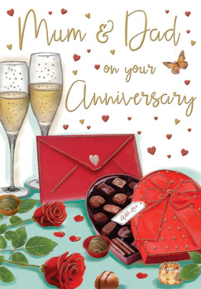 Warm, romantic anniversary card artwork depicting a lovingly curated celebration tableau, perfect for parents who cherish tradition and thoughtful details in Holland Park. In the foreground, two luxurious red roses lie gracefully on a tabletop, their velvety petals unfolding in lush spirals of crimson, like roses freshly arranged in a hand-tied bouquet. The blooms are surrounded by glossy green leaves, the veins and edges delicately illustrated to create the impression of real foliage, reminiscent of the greenery that lines the quieter streets off Holland Park Avenue. A heart-shaped box of chocolates nestles close by, painted in rich red tones and finished with an opulent, oversized bow whose satin loops suggest a soft, touchable texture. The lid is open, revealing assorted chocolates carefully set in rows, with a few pieces placed loosely on the table as if already enjoyed during an evening toast. Behind this sweet centrepiece, two tall champagne flutes stand side by side, their clear glass catching warm reflections as fine golden bubbles fizz upwards, evoking the gentle clink of a celebratory toast in a local family home. Above and around the scene, tiny gold and deep red hearts float weightlessly, framing hand-lettered wording for Mum & Dad, and infusing the composition with affectionate energy. A scarlet envelope is positioned at a slight angle, sealed and waiting to be opened, hinting at heartfelt sentiments that might accompany anniversary flowers delivered across the W11 neighbourhood. The entire setting is bathed in a soft, golden glow, blending romantic reds, creamy highlights, and shimmering metallic touches into an image that feels cosy, festive, and full of gratitude for years spent side by side.