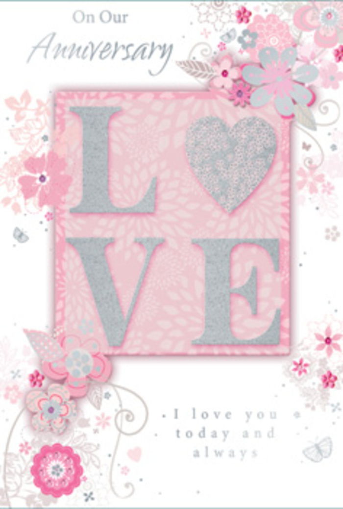 The design of this anniversary card unfolds with the calm warmth of a sunlit morning near Holland Park, where love is woven quietly into everyday life. At the heart of the card, the word LOVE stands proudly in embossed, frosted glitter, giving each letter a sculpted presence you can feel with your fingertips. The glitter is soft and refined, shimmering in blush pink and silver tones that catch the light like petals in a florist's studio window along Holland Park Avenue. Around this central motif, hand-drawn flowers and feather-light sprays drift along the borders, their petals shaded in muted pink, lilac, and ivory that blend into the tender background. The stems and leaves are traced in fine filigree lines, with tiny curls and almost-hidden butterflies that look ready to flutter off the page, suggesting the gentle flutter of hearts on an anniversary morning. The sentiment I love you today and always is set in understated, graceful type, allowing the words to breathe while still holding the full weight of lifelong devotion. The overall composition feels like a bouquet translated into paper: soft, romantic, and thoughtfully balanced, much like an anniversary arrangement created by a local Holland Park florist who knows just how to pair delicate pastels and airy foliage. You can sense the intention behind each swirl and blossom, as though the card were designed to sit beside a vase of fresh roses and seasonal blooms in a quiet living room overlooking the park's leafy avenues.
