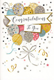 In this image, a luxurious congratulations card takes centre stage, designed with the same sense of care you might expect from a hand-crafted arrangement delivered around Holland Park and nearby Kensington. The illustration shows a cheerful cluster of balloons gathering near the top half of the card, each balloon softly rounded and overlapping, giving a gentle, three-dimensional feel. Their colours blend harmoniously-soft gold, shimmering silver, champagne beige, powder blue, blush pink, and pale grey-each adorned with its own metallic decorations, from tiny starbursts and scattered dots to slender curved stripes. These embellishments catch an imagined light, as if reflecting the glow of a late-day sun over Holland Park's gardens. Fine gold and silver strings extend downward from the balloons, curling into loose, decorative loops that tie the whole composition together with a sense of graceful movement. Around the main cluster, miniature stars, swirling ribbons, and specks of confetti drift across a quiet, creamy background, echoing the carefree joy of a celebration just beginning. A flowing banner, gently arched across the centre, carries the word Congratulations in elegant script, the lettering reminiscent of a lovingly written message inside the card. The surface looks as though it combines smooth, glossy ink with touches of raised glitter, inviting the fingertips to explore its details. The mood is joyful yet tasteful, making this card a fitting companion to flowers sent for a new home in the Holland Park area, a graduation dinner nearby, or any shining achievement where you want your congratulations to feel both festive and sincerely meant.