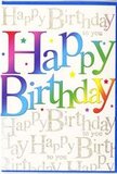 This birthday card design radiates the same joyful energy you feel wandering through Holland Park on a bright spring afternoon. Across the centre, the phrase Happy Birthday is displayed in broad, confident lettering, each letter bathed in its own sweep of colour. Saturated reds melt into juicy oranges, sunny yellows fade into fresh greens, and cool aquas transition into deep blues and velvety purples, forming a smooth, rainbow-like flow that feels both fun and harmonious. The letters have a soft, almost velvety finish, suggesting a gentle texture you could almost touch. Surrounding them, tiny star shapes and sparkling dots in matching tones dance across the front like confetti caught in a light breeze along Holland Park's leafy paths. Underneath this lively foreground, the background carries an elegant whisper: lines of fine, looping gold script repeatedly spelling out Happy Birthday to you. This delicate handwriting meanders across the card, its metallic sheen catching and reflecting light in a subtle glimmer, much like the golden evening sun on nearby townhouse windows. The overall finish appears smooth and slightly glossy, giving the design a polished, premium feel without losing its sense of fun. The mood is one of pure, uplifting celebration-perfect for any age, whether for a child's party near the playgrounds or a milestone dinner at a favourite restaurant off Kensington High Street. It is exactly the sort of card that, when paired with a bright bouquet delivered locally, turns a simple birthday message into a memory that lingers long after the candles are blown out.