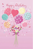 This whimsical birthday image looks like a joyful scene set just off Holland Park Avenue, where balloons and blossoms come together in a soft, pastel celebration. A gentle pink background cradles a cluster of floating balloons, each one unique: some twirl with candy-striped ribbons, others blossom with playful polka dots, while a heart-shaped balloon at the centre radiates quiet affection. Their colours-blush pink, minty green, butter yellow, and hints of lavender-blend in a dreamy palette that feels as soothing as a slow walk through leafy streets near Addison Road. Below, a dainty bouquet anchors the design, brimming with delicate roses and anemone-like blooms in creamy ivory, powdery blush, and gentle mauve tones. The petals appear feathery-soft and freshly opened, arranged with the care of a local florist who knows exactly how to balance romance and fun. A violet satin bow gathers the stems with a refined flourish, its sheen echoing the soft glimmer of light that plays across the balloons above. Tiny stars and butterflies are scattered through the scene, adding a touch of fairy-tale wonder, like wishes drifting upward into the sky over Holland Park. You can almost sense a faint, sweet fragrance rising from the bouquet, bringing the artwork to life beyond the page. The whole composition feels light as a spring morning: airy, sweet, and perfectly festive, ideal for a birthday greeting that aims to be bright, unforgettable, and filled with heartfelt warmth, whether gifted in person or arriving as a thoughtful surprise from a trusted Holland Park flower delivery service.