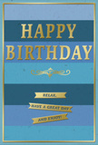 This photograph captures a stylish birthday card whose design centres on calm shades of blue and elegant gold detailing. The card's background is made up of broad horizontal stripes that move gently from deep navy at the base through mid-blue and teal into a softer, pale blue higher up, creating a layered, ombré effect reminiscent of a clear evening sky over Holland Park. In the centre, the phrase HAPPY BIRTHDAY appears in large, embossed gold capitals, their metallic surface shining subtly as if reflecting the ambient light of a cosy living room. Beneath the main greeting, a refined golden flourish curls outward, its ornamental lines echoing traditional stationery motifs. Below this decorative separator, three slim, gold banners stretch from side to side, each one inscribed with part of the message: Relax, have a great day and enjoy! The gold foil of the letters and banners is slightly raised, suggesting a tactile contrast against the smooth, matte texture of the blue card stock. A fine gold border outlines the edges, neatly containing the design and giving it a framed, finished appearance. The mood is relaxed yet celebratory, ideal for someone who values understated beauty and a personal touch. You can easily imagine this card placed next to a fresh birthday arrangement from a nearby Holland Park florist, catching soft natural light on a kitchen table or sideboard, ready to offer warm wishes and a moment of quiet joy to the recipient.