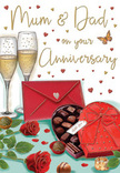 Illustrated anniversary card scene that paints a cosy, romantic celebration for Mum and Dad, as if set in a warmly lit Holland Park living room. The focus is on two plush red roses, laid gently across a tabletop, their petals richly layered and velvety, evoking the feeling of a freshly delivered bouquet from a trusted local florist. Around the roses, deep green leaves fan out, bringing a sense of natural freshness that recalls the peaceful corners of Holland Park's gardens at dusk. Next to the flowers sits a heart-shaped box of chocolates, coloured in deep red and tied with a generous satin bow that arches elegantly over the lid. The box is open, revealing a tempting selection of chocolates, with a few scattered nearby as if the celebration has already begun. Behind this inviting arrangement stand two slender champagne flutes, filled with sparkling golden champagne; delicate bubbles rise toward the rim, catching the light and giving the impression of movement and gentle celebration. Across the soft-toned background drift small gold and crimson hearts, circling handwritten words dedicated to Mum & Dad, which makes the design feel distinctly personal and family-centred. To one side, a bright red envelope rests ready to be opened, suggesting a handwritten note full of memories and gratitude, the kind often tucked in with anniversary flowers across the W11 area. The overall colour palette of deep reds, warm golds, and soft creams creates an atmosphere of intimacy and warmth, like a cherished evening spent reminiscing and toasting many happy years together.